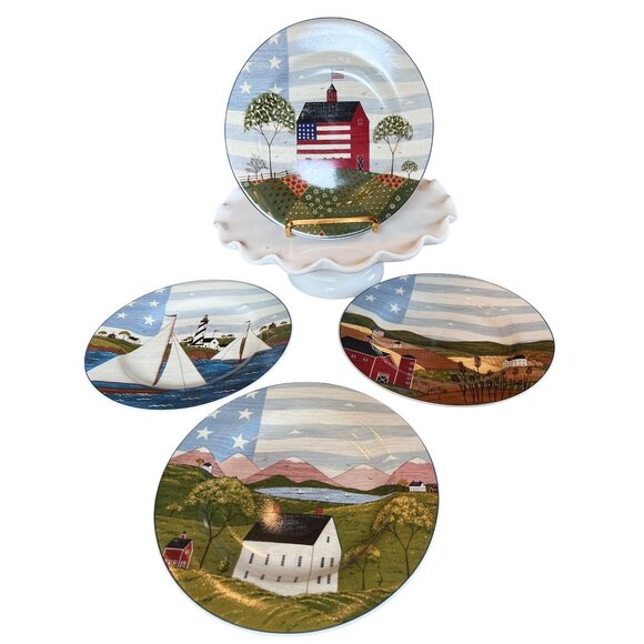 VTG Warren Kimble Americana Themed Dessert Plates Patriotic Scenes Stoneware 8" - Picture 1 of 13